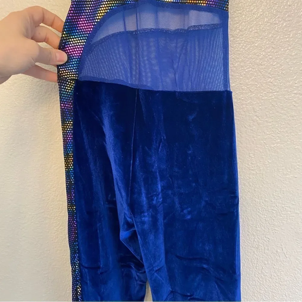 The Line Up Dance Costume unitard blue velvet rhinestone wide leg retro MC 10